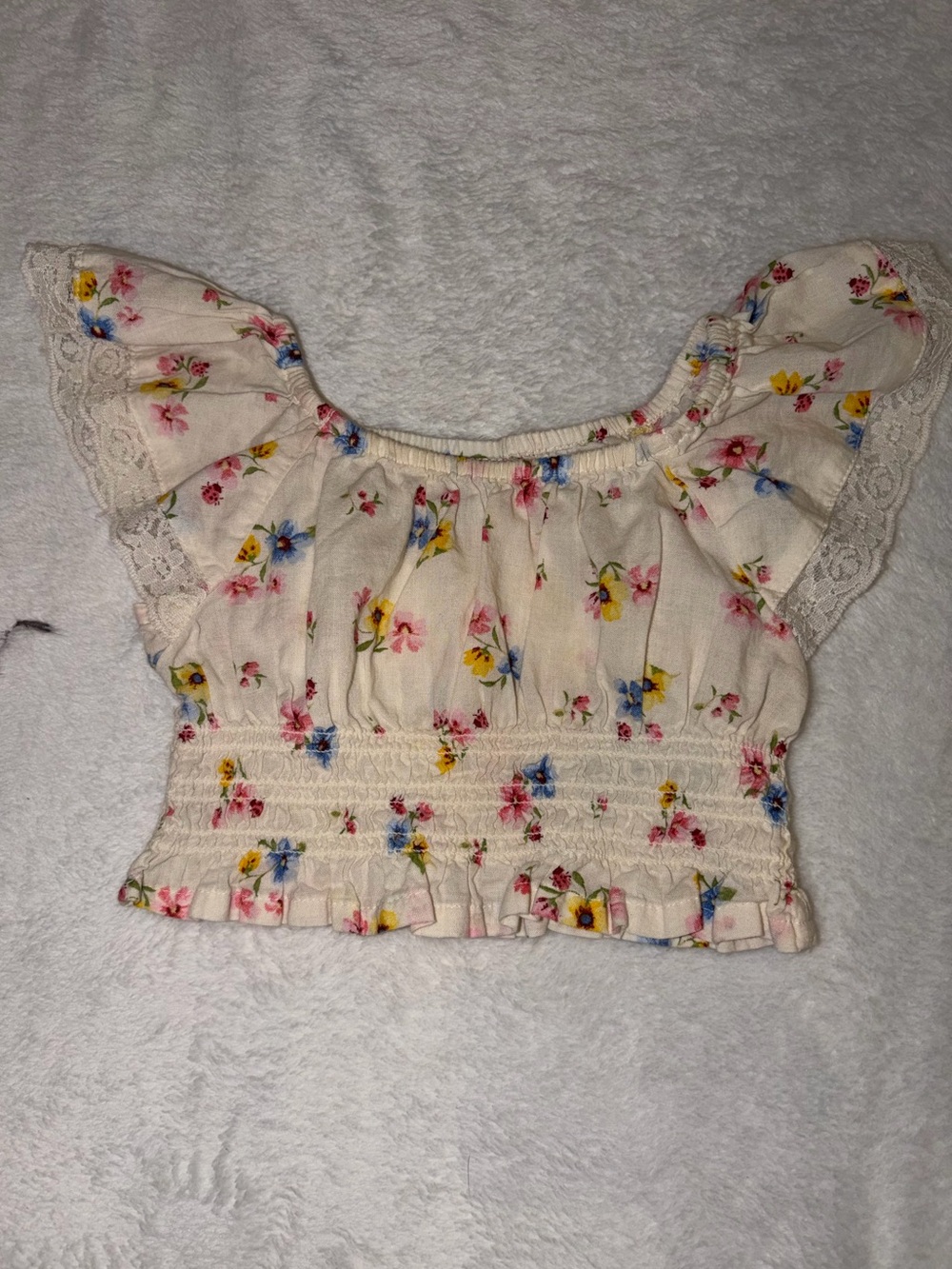 Baby Girl Floral Smocked Off-Shoulder Top - Cream w/ Floral Print 12-18 Months
